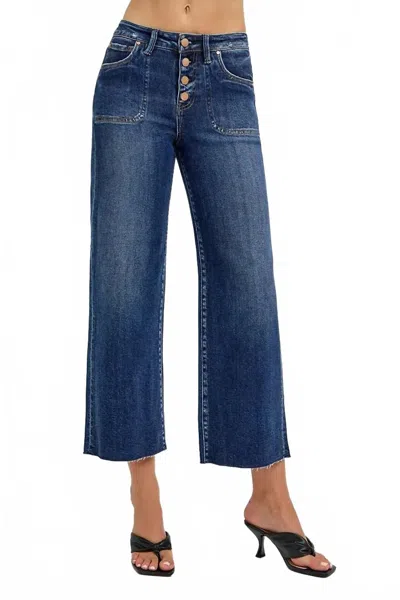 Risen High Rise Crop Wide Button Up Jeans In Dark Wash In Blue