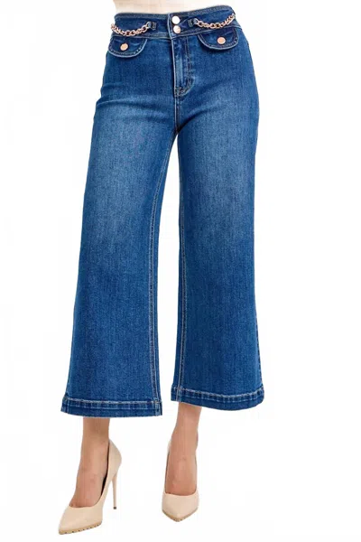 Risen High Rise Crop Wide Waist Chain Detail Jeans In Dark Blue