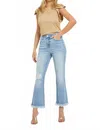 Risen High Rise Cropped Bootcut Frayed Jeans In Blue In Blue