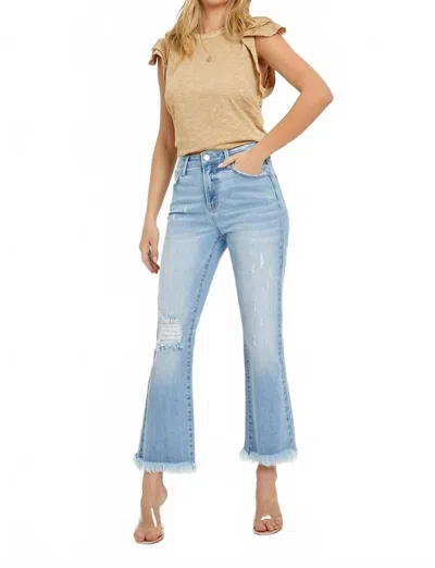 Risen High Rise Cropped Bootcut Frayed Jeans In Blue