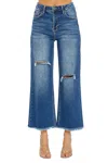Risen High Rise Cropped Wide Leg Frayed Jeans In Dark Wash In Blue