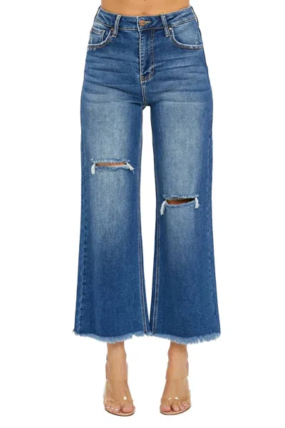 Risen High Rise Cropped Wide Leg Frayed Jeans In Dark Wash In Blue
