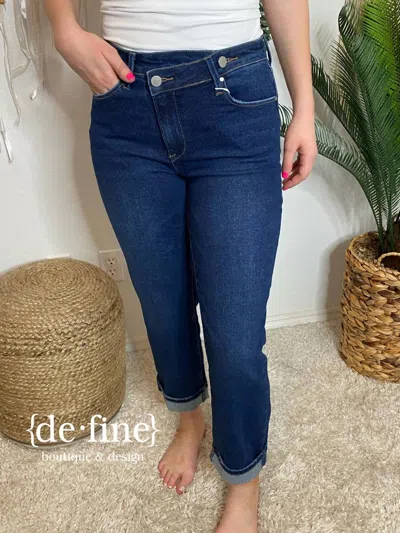 Risen High Rise Cross Over Straight Leg Jeans In Blue