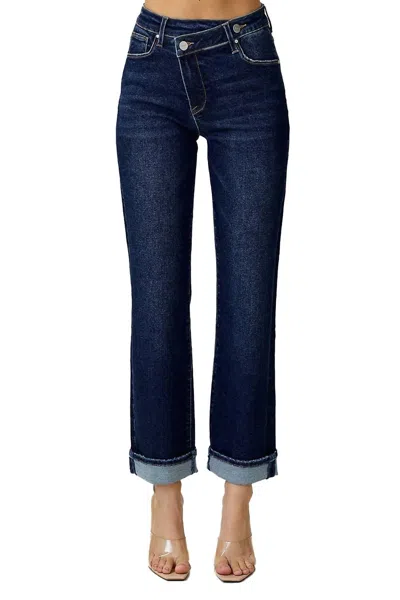 Risen High Rise Crossover Straight Leg Jeans In Dark Blue