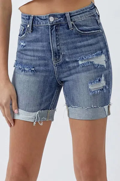 Risen High Rise Cuffed Shorts In Medium In Blue