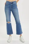 Risen High Rise Ankle Wide Button Down Front Patch Pocket Cuff Jean In Denim In Blue