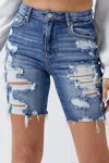 Risen High Rise Distressed Bermuda Shorts In Dark Wash In Blue