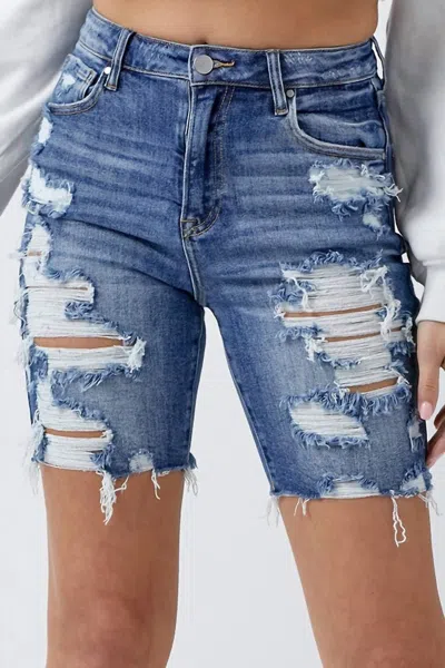 Risen High Rise Distressed Bermuda Shorts In Dark Wash In Blue