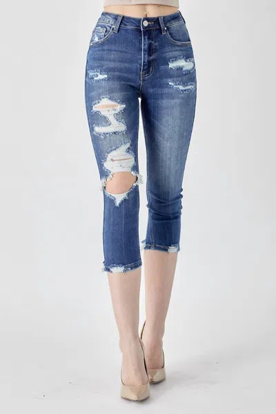 Risen High-rise Distressed Capri In Dark Wash In Blue