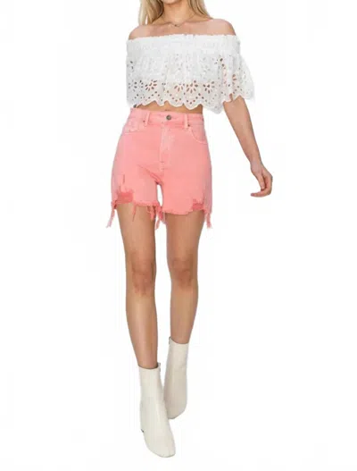 Risen High Rise Distressed Denim Shorts In Flamingo In Pink
