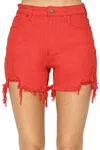 Risen High Rise Distressed Detail Shorts In Red In Red