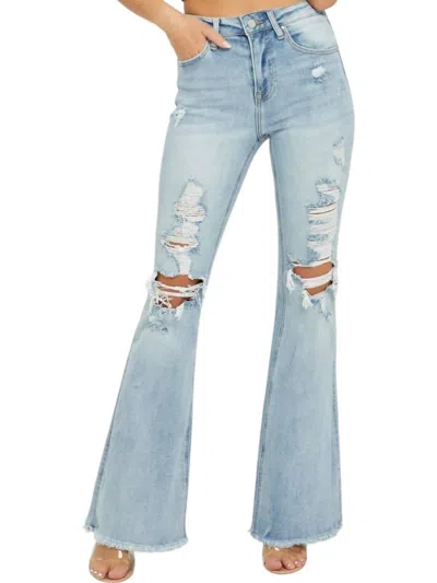 Risen High Rise Distressed Flare Jeans In Washed Blue