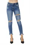 Risen High Rise Ankle Wide Button Down Front Patch Pocket Cuff Jean In Denim In Blue