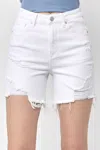 Risen Denim High-waisted Distressed Raw Hem Shorts In White In White