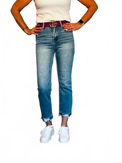 Risen High Rise Distressed Straight Jeans In Medium Wash In Blue