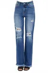 Risen High Rise Distressed Straight Leg Jean In Blue In Blue
