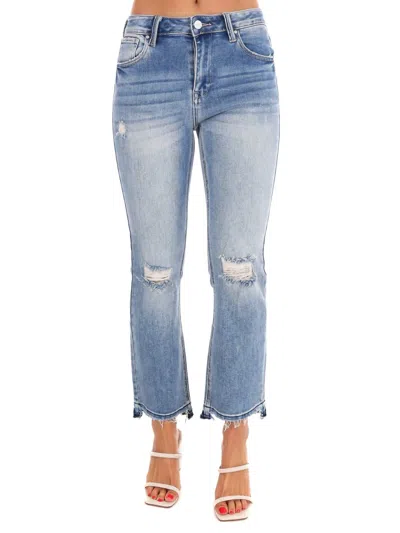 Risen High Rise Distressed Straight Leg Jeans In Medium In Blue
