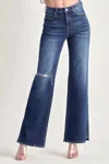 Risen High Rise Distressed Wide Flare Jean In Dark Wash