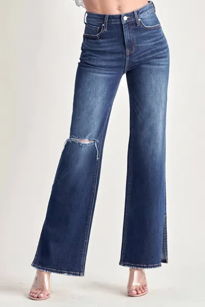 Risen High Rise Distressed Wide Flare Jean In Dark Wash