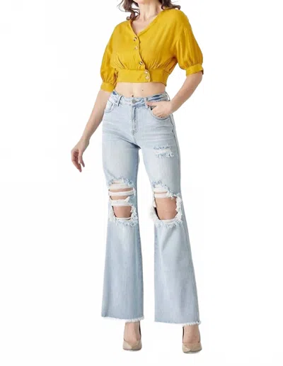 Risen High Rise Distressed Wide Leg Dad Jeans In Light In Blue