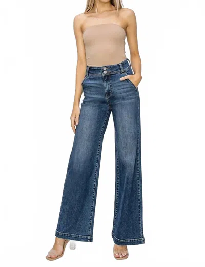 Risen High Rise Double Button Jeans In Dark In Blue