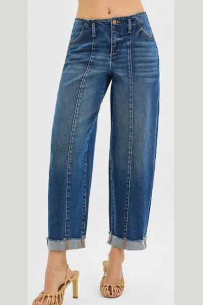Risen High Rise Fit Barrel Cuffed Jeans In Dark Blue Wash