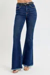 Risen High Rise Ankle Wide Button Down Front Patch Pocket Cuff Jean In Denim In Blue