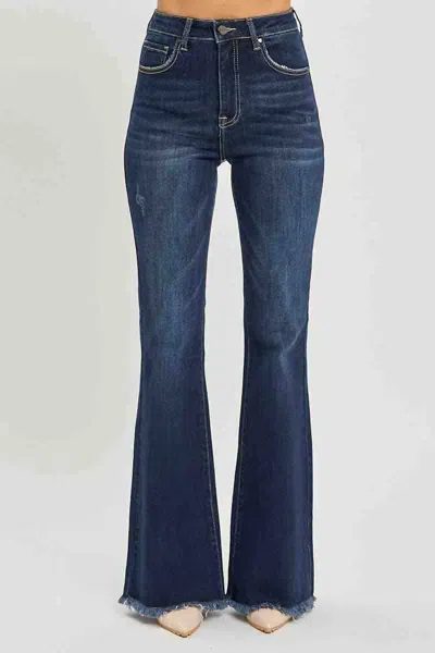 Risen High Rise Flare Frayed Hem Jeans In Dark Wash In Blue
