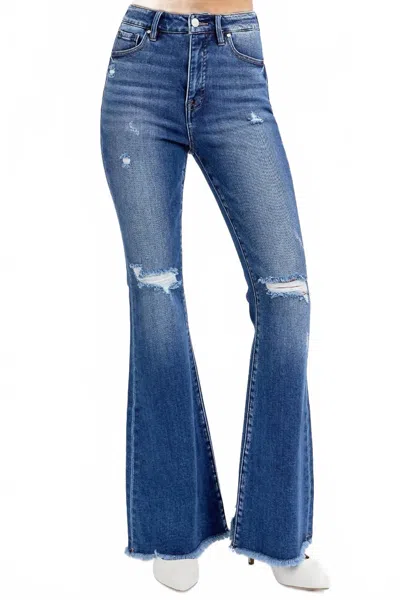 Risen High Rise Flare Jeans In Dark Wash In Blue