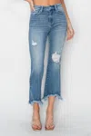 Risen High Rise Fray Hem Ankle Bootcut Jeans In Denim