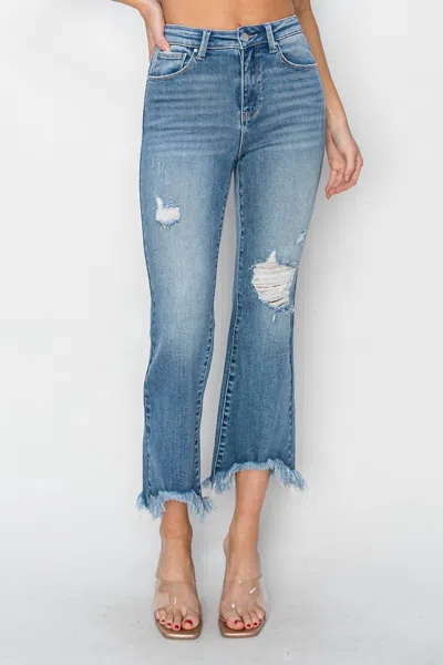 Risen High Rise Fray Hem Ankle Bootcut Jeans In Denim
