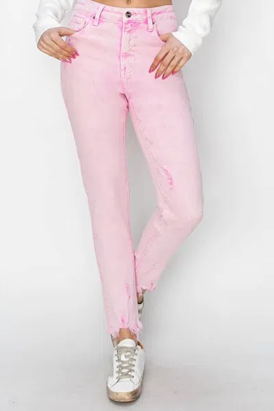 Risen High Rise Fray Hem Ankle Skinny Jeans In Acid Pink