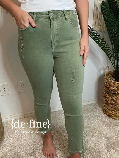 Risen High Rise Fray Hem Ankle Skinny Jeans In Green