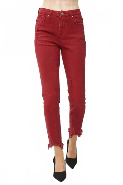 Risen High Rise Fray Hem Skinny Jeans In Red In Burgundy