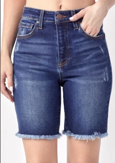 Risen High Rise Frayed Hem Bermuda Shorts In Dark Vintage Wash
