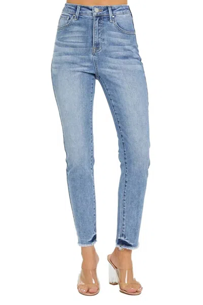 Risen High Rise Frayed Hem Relaxed Skinny Jeans In Medium Wash In Blue