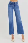 Risen High Rise Frayed Hem Straight Ankle Jean In Medium Blue In Blue