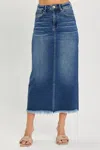 Risen High Rise Frayed Long Pencil Skirt In Dark Wash In Blue