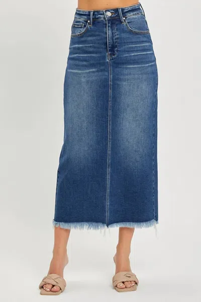 Risen High Rise Frayed Long Pencil Skirt In Dark Wash In Blue