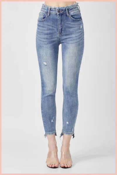 Risen High Rise Frayed Waist Skinny In Light Wash In Blue