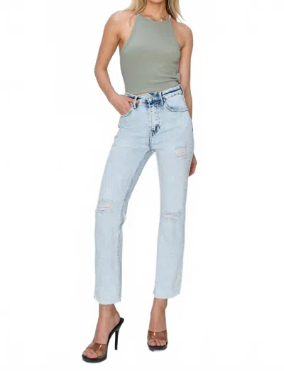 Risen High Rise Knee Distressed Slim Straight Jean In Acid Light Wash In Blue