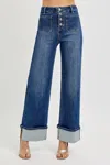 Risen High Rise Ankle Wide Button Down Front Patch Pocket Cuff Jean In Denim In Blue