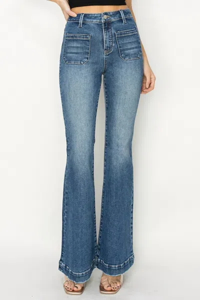 Risen High Rise Patched Pocket Front Flare Jeans In Dark Washed In Multi