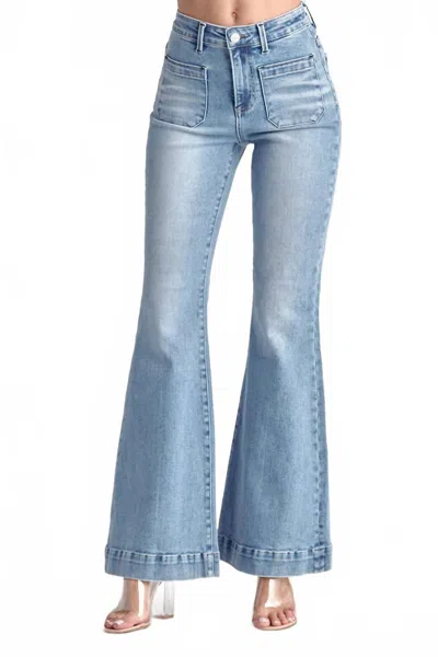 Risen High Rise Patched Pocket Front Flare Jeans In Light Denim