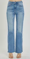 Risen High Rise Raw Cut Hem Bootcut Jeans In Medium Dark In Blue