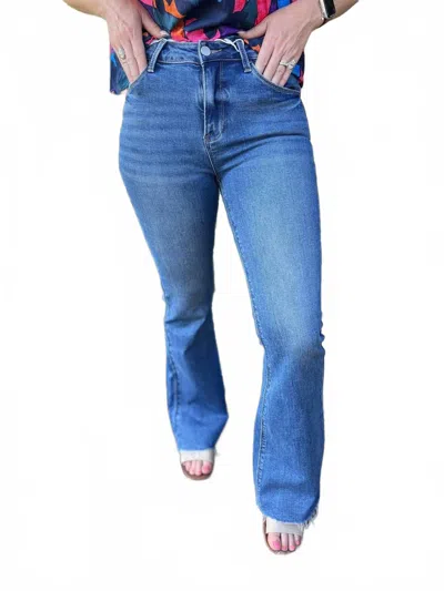 Risen High Rise Raw Hem Bootcut Jeans In Dark Denim