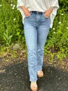 Risen High Rise Ankle Wide Button Down Front Patch Pocket Cuff Jean In Denim