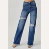 Risen High Rise Ankle Wide Button Down Front Patch Pocket Cuff Jean In Denim In Blue
