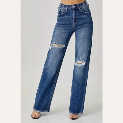 Risen High Rise Ripped Wide Leg Jeans In Dark Wash In Blue