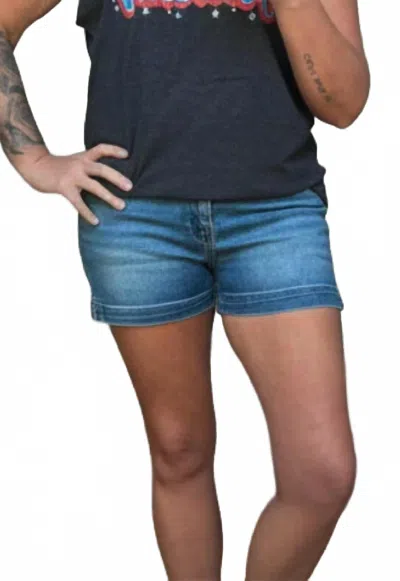 Risen High Rise Side Slit Denim Shorts In Dark Wash In Blue